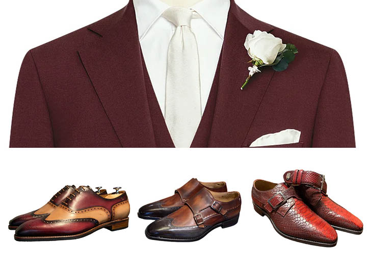 Cognac trouwschoenen bij warm rood trouwpak